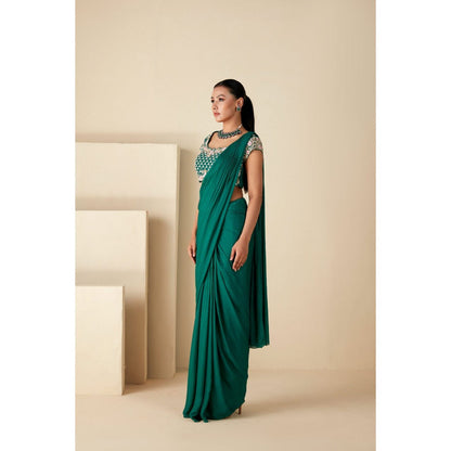 Suruchi Parakh Green Embroidered Pre Drape Sarees and Blouse with Stitched