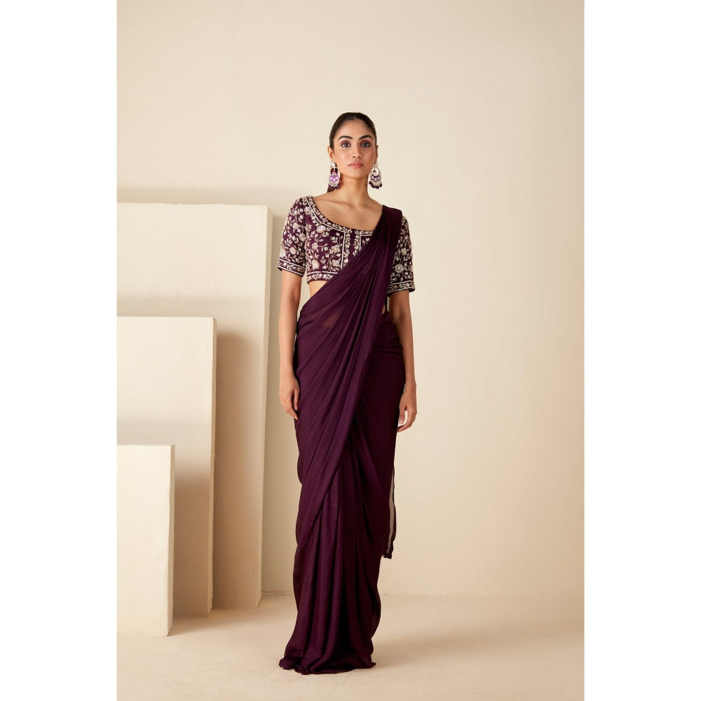 Suruchi Parakh Wine Embroidered Pre Drape Sarees and Blouse with Stitched
