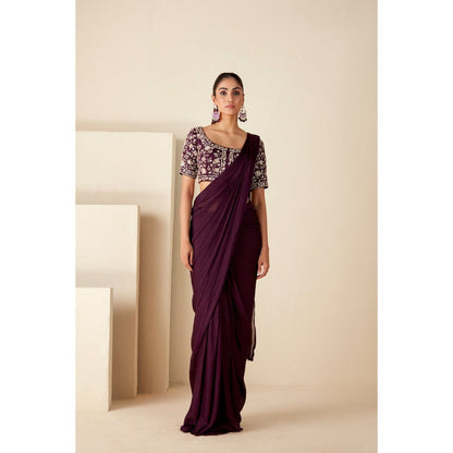 Suruchi Parakh Wine Embroidered Pre Drape Sarees and Blouse with Stitched