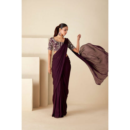 Suruchi Parakh Wine Embroidered Pre Drape Sarees and Blouse with Stitched