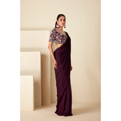 Suruchi Parakh Wine Embroidered Pre Drape Sarees and Blouse with Stitched