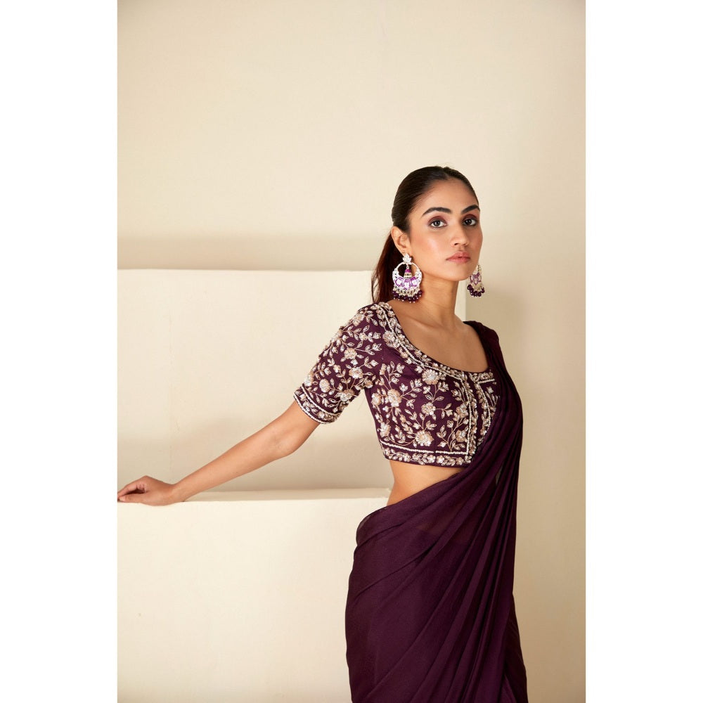 Suruchi Parakh Wine Embroidered Pre Drape Sarees and Blouse with Stitched
