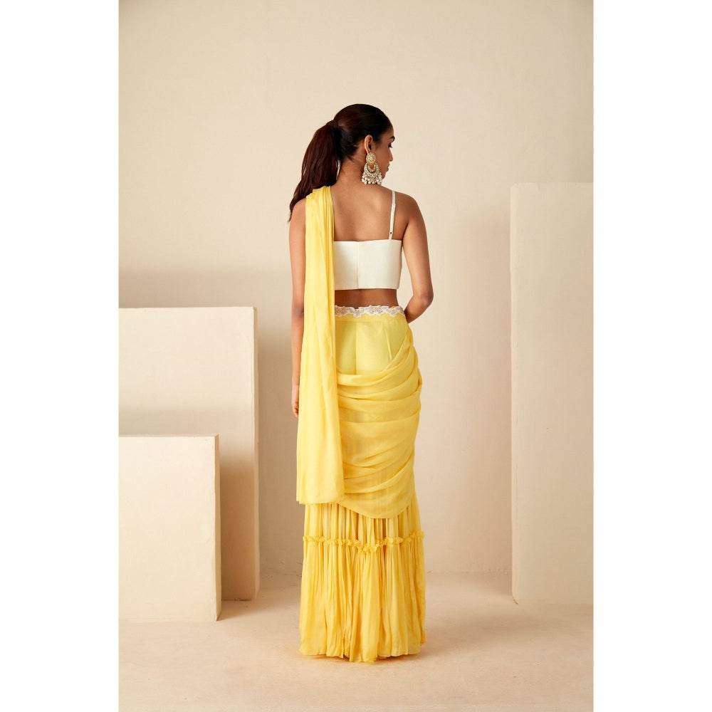 Suruchi Parakh Yellow Embroidered Pre Drape Sarees with Belt and Blouse with Stitched