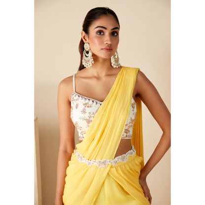 Suruchi Parakh Yellow Embroidered Pre Drape Sarees with Belt and Blouse with Stitched