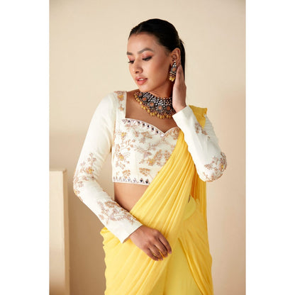 Suruchi Parakh Yellow Embroidered Pre Drape Sarees and Blouse with Stitched