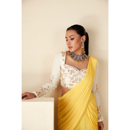 Suruchi Parakh Yellow Embroidered Pre Drape Sarees and Blouse with Stitched