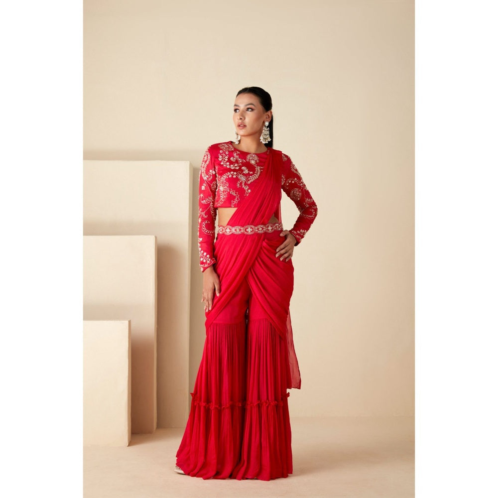 Suruchi Parakh Red Embroidered Pre Drape Sarees with Belt and Blouse with Stitched