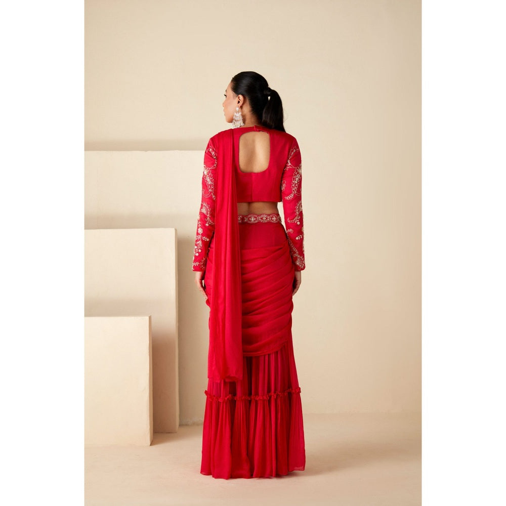 Suruchi Parakh Red Embroidered Pre Drape Sarees with Belt and Blouse with Stitched