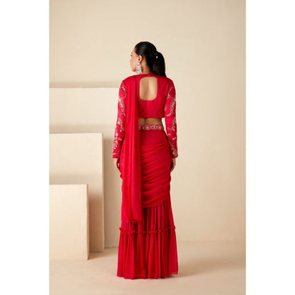 Suruchi Parakh Red Embroidered Pre Drape Sarees with Belt and Blouse with Stitched