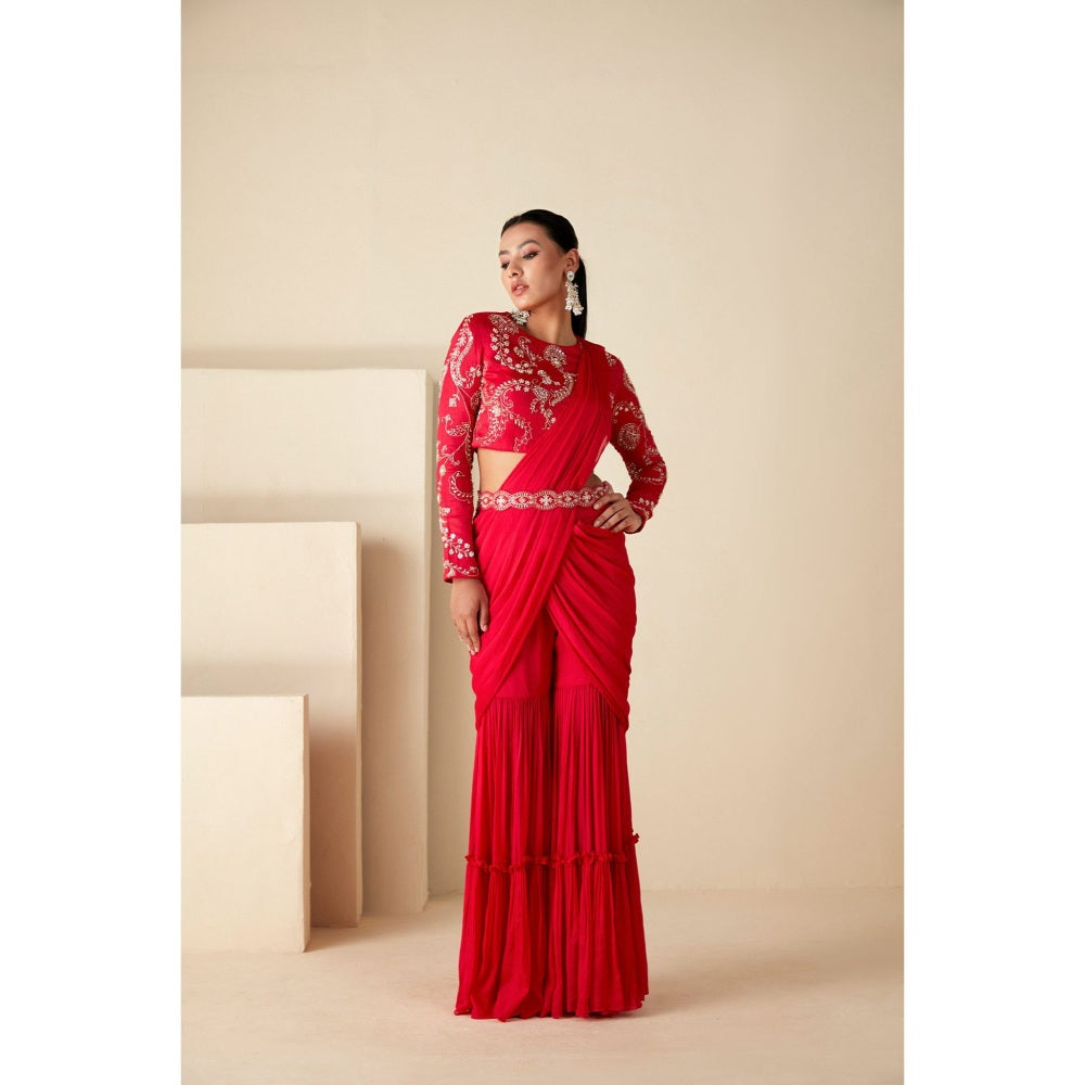Suruchi Parakh Red Embroidered Pre Drape Sarees with Belt and Blouse with Stitched