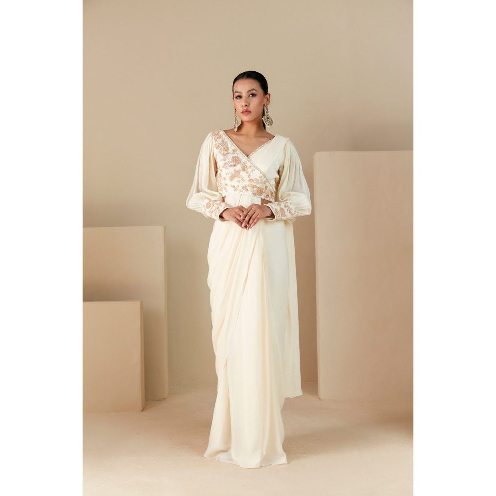 Suruchi Parakh Off White Embroidered Pre Drape Sarees and Blouse with Stitched