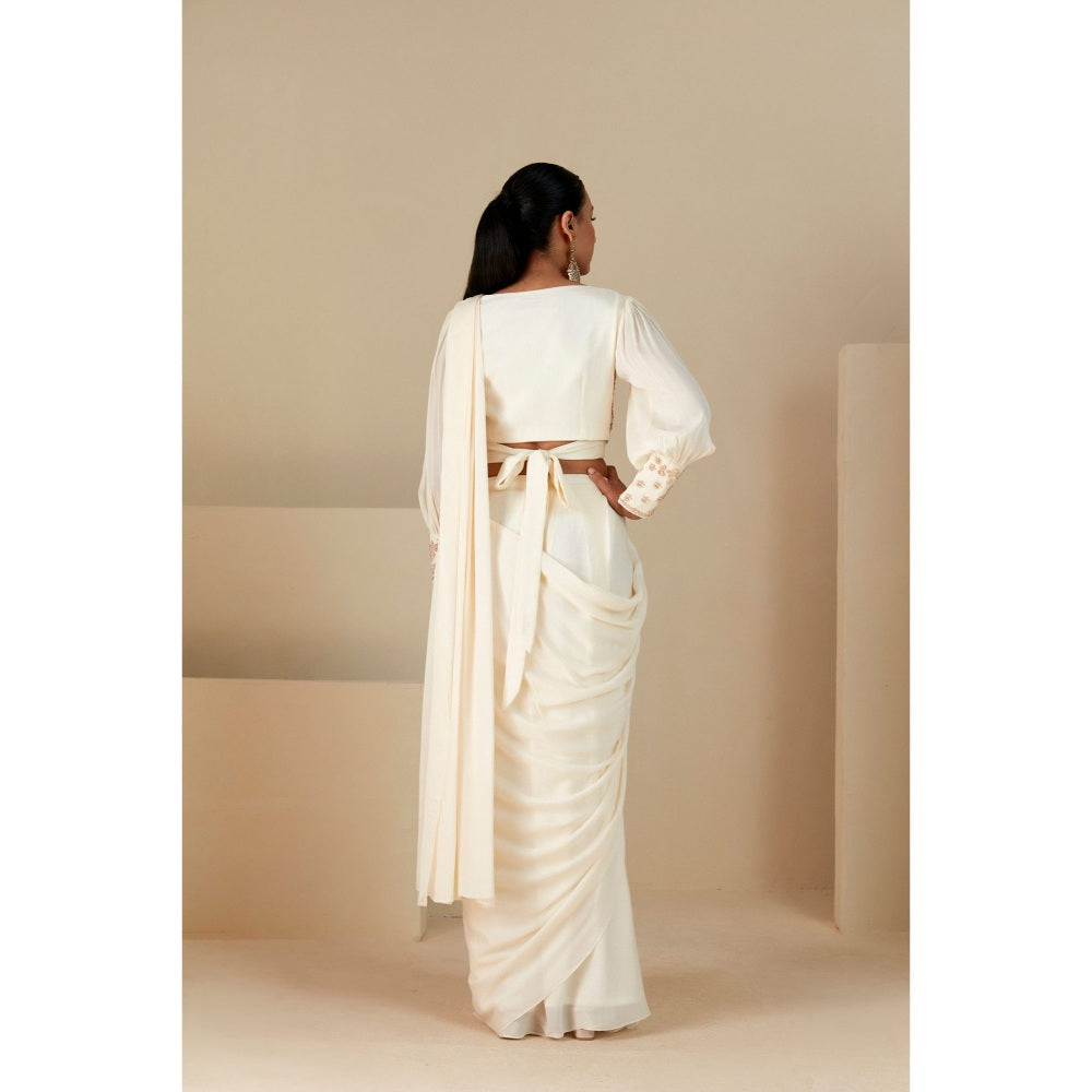 Suruchi Parakh Off White Embroidered Pre Drape Sarees and Blouse with Stitched