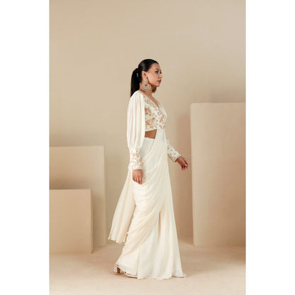 Suruchi Parakh Off White Embroidered Pre Drape Sarees and Blouse with Stitched