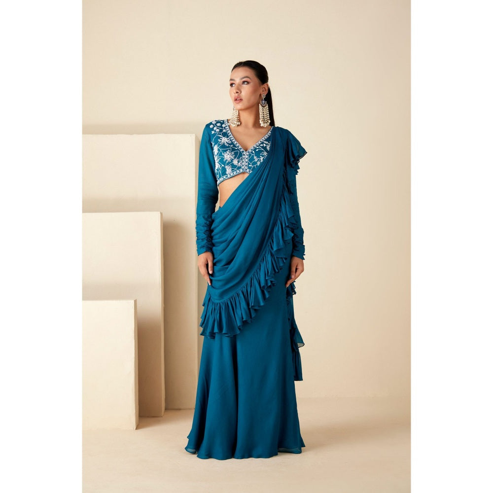 Suruchi Parakh Teal Embroidered Pre Drape Saree and Blouse with Stitched
