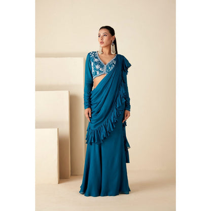 Suruchi Parakh Teal Embroidered Pre Drape Saree and Blouse with Stitched