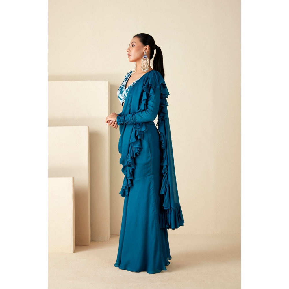 Suruchi Parakh Teal Embroidered Pre Drape Saree and Blouse with Stitched