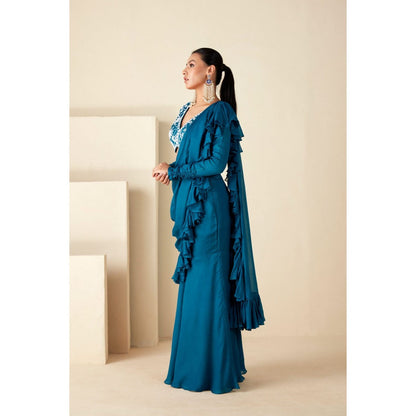 Suruchi Parakh Teal Embroidered Pre Drape Saree and Blouse with Stitched