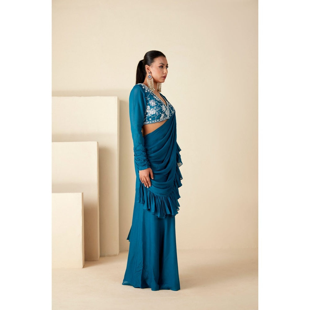 Suruchi Parakh Teal Embroidered Pre Drape Saree and Blouse with Stitched