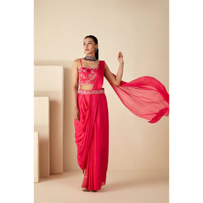 Suruchi Parakh Pink Embroidered Pre Drape Saree with Belt and Blouse with Stitched