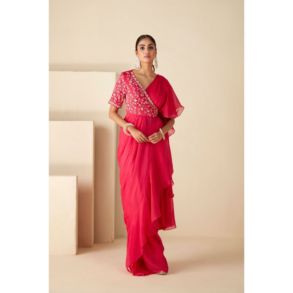 Suruchi Parakh Pink Embroidered Pre Drape Saree and Blouse with Stitched