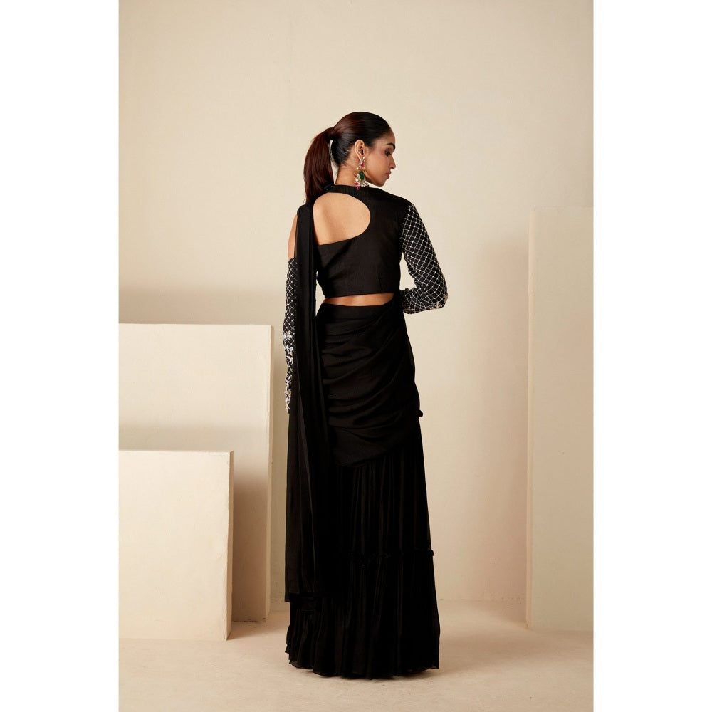 Suruchi Parakh Black Embroidered Pre Drape Saree and Blouse with Stitched