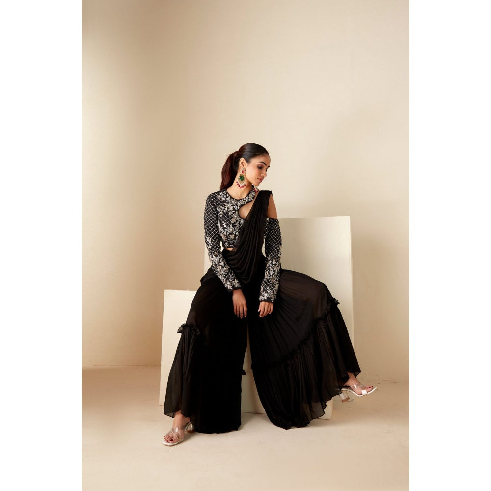 Suruchi Parakh Black Embroidered Pre Drape Saree and Blouse with Stitched