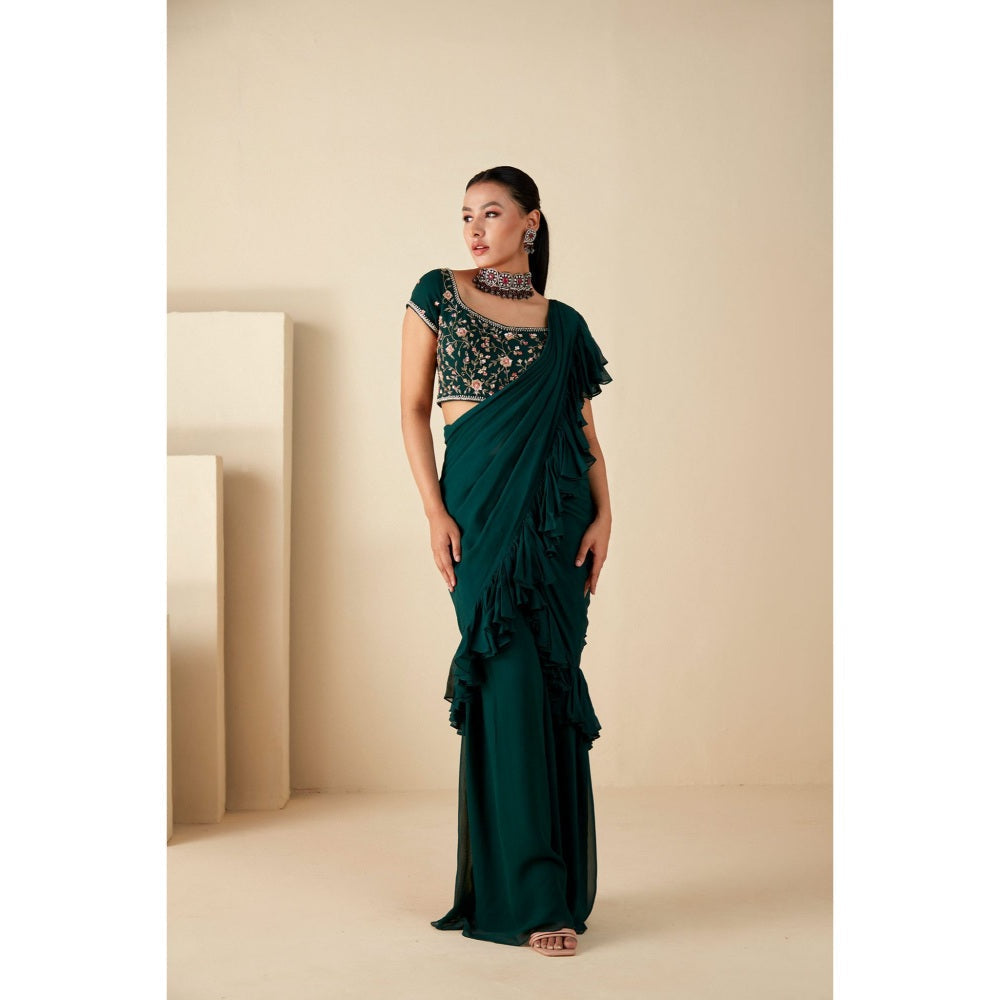 Suruchi Parakh Green Embroidered Pre Drape Saree and Blouse with Stitched