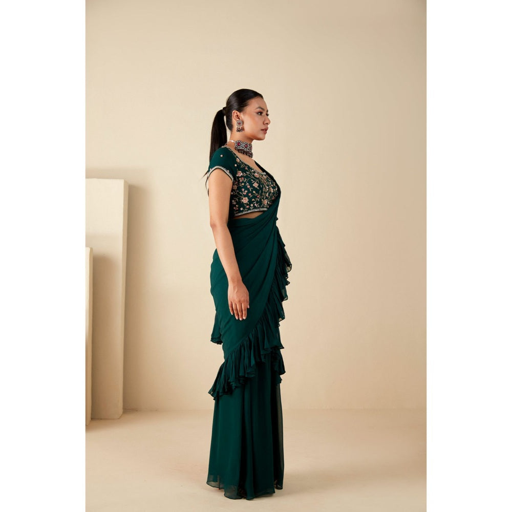 Suruchi Parakh Green Embroidered Pre Drape Saree and Blouse with Stitched