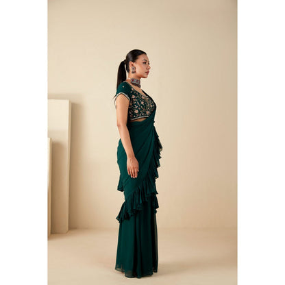 Suruchi Parakh Green Embroidered Pre Drape Saree and Blouse with Stitched