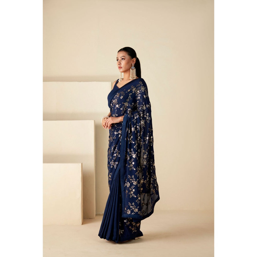 Suruchi Parakh Navy Blue Embroidered Saree with Petticoat and Blouse with Stitched