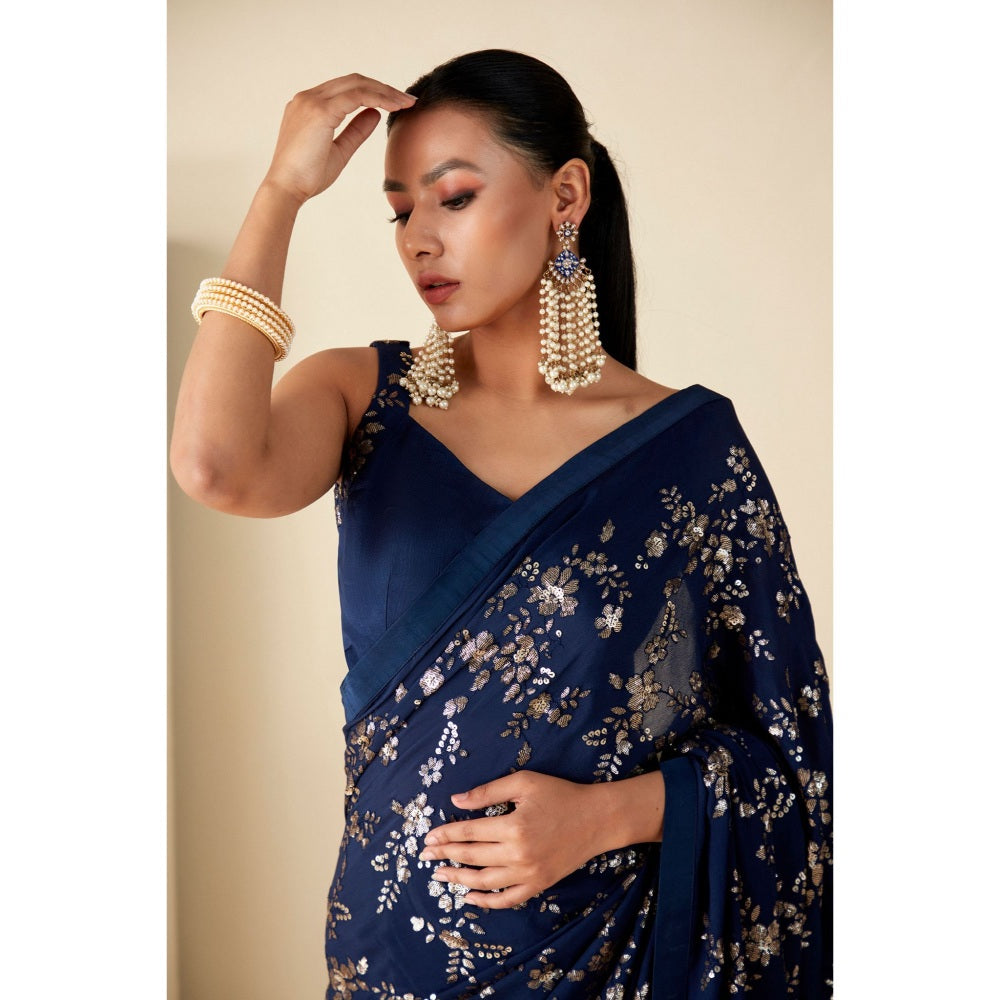 Suruchi Parakh Navy Blue Embroidered Saree with Petticoat and Blouse with Stitched