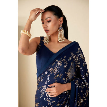 Suruchi Parakh Navy Blue Embroidered Saree with Petticoat and Blouse with Stitched