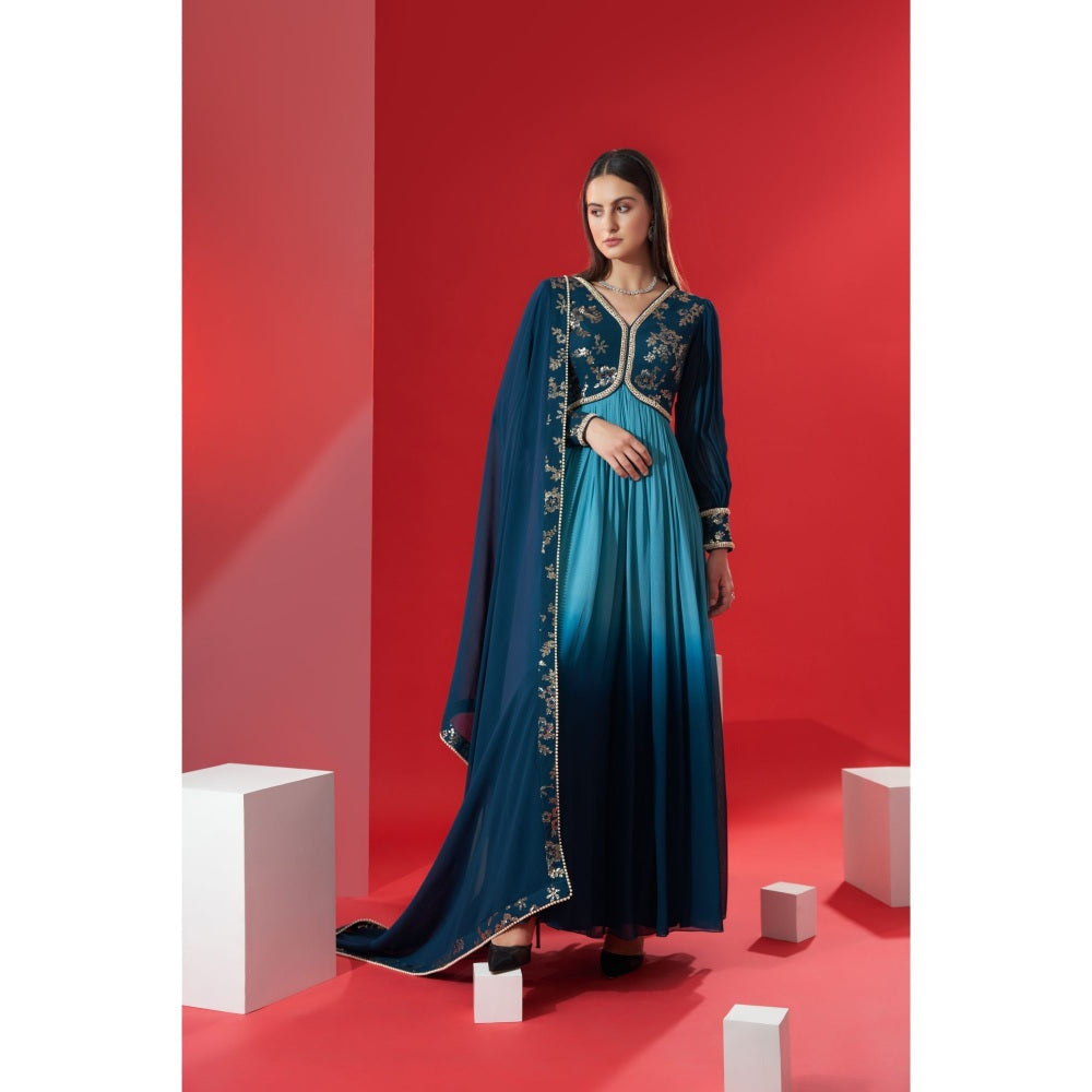 Suruchi Parakh Womens Teal Embellished Anarkali Kurta and Dupatta (Set of 2)