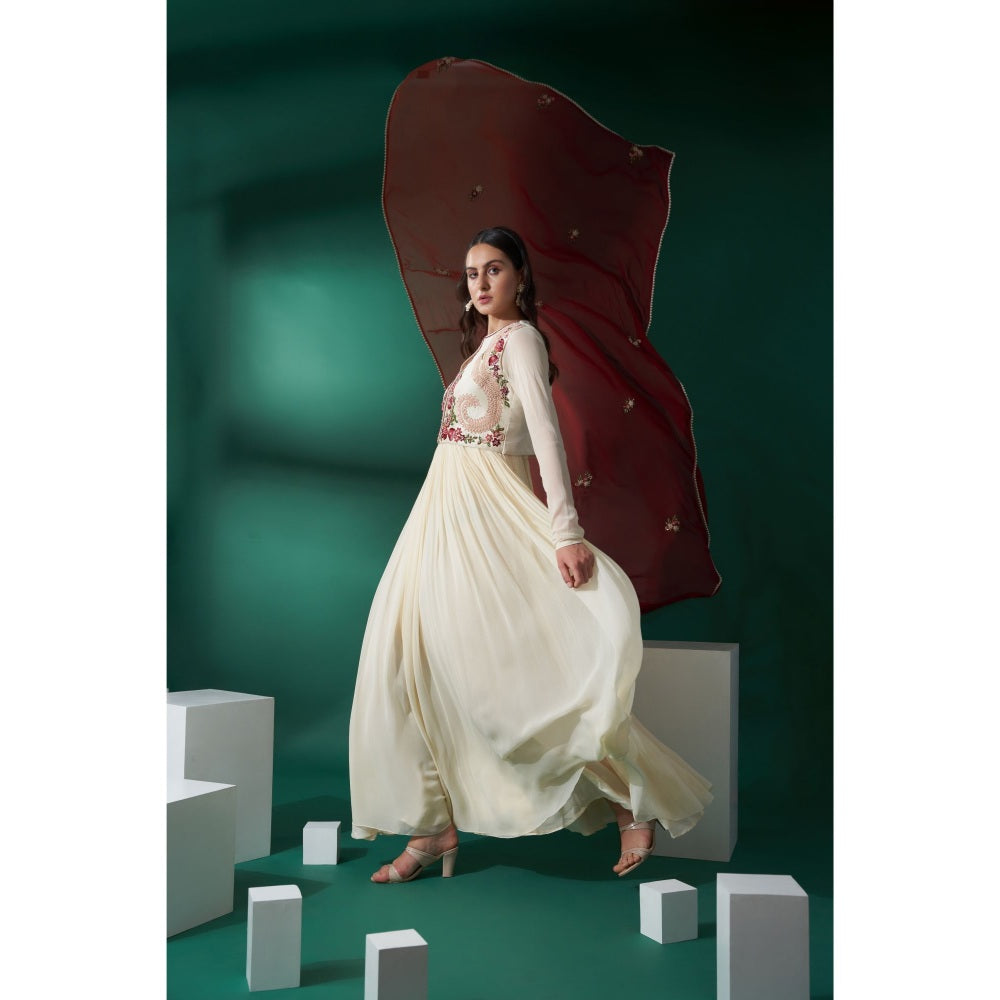 Suruchi Parakh Womens Maroon Embroidered Jacket with Anarkali Kurta and Dupatta (Set of 3)