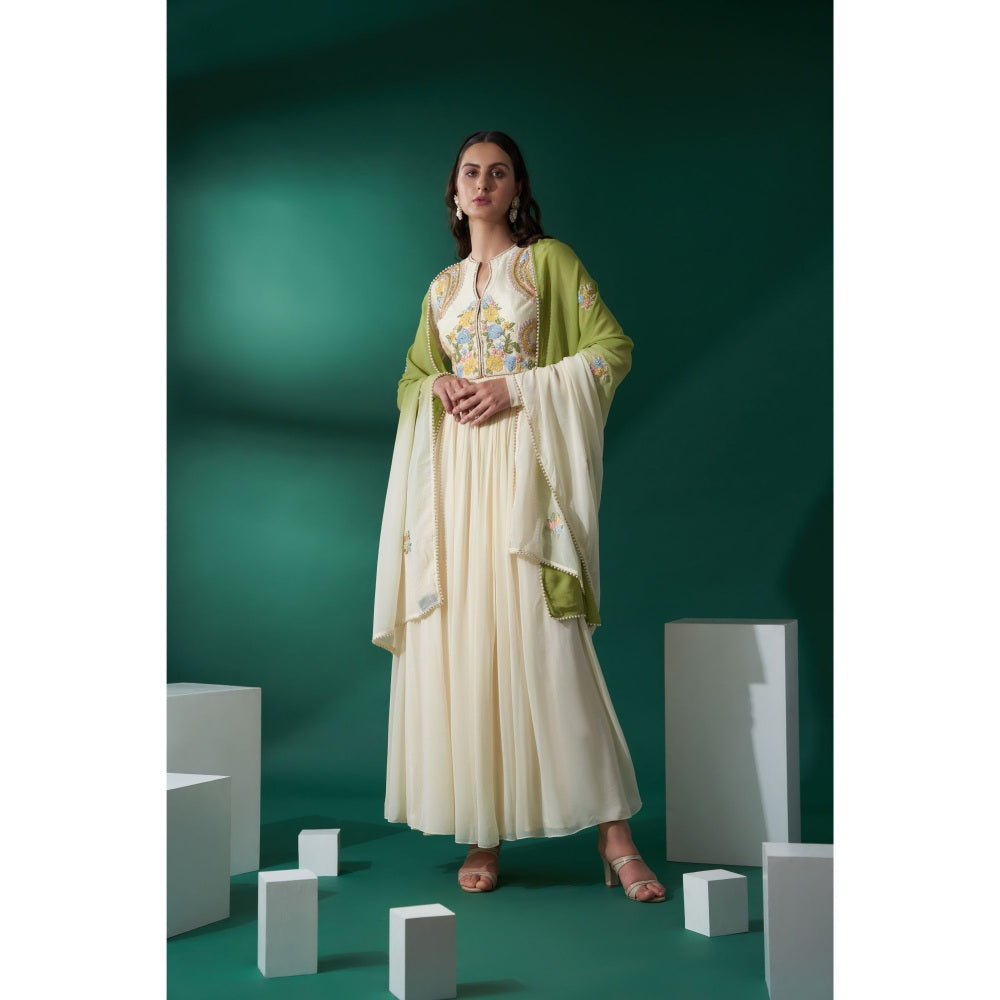 Suruchi Parakh Womens Green Embroidered Jacket with Anarkali Kurta and Dupatta (Set of 3)