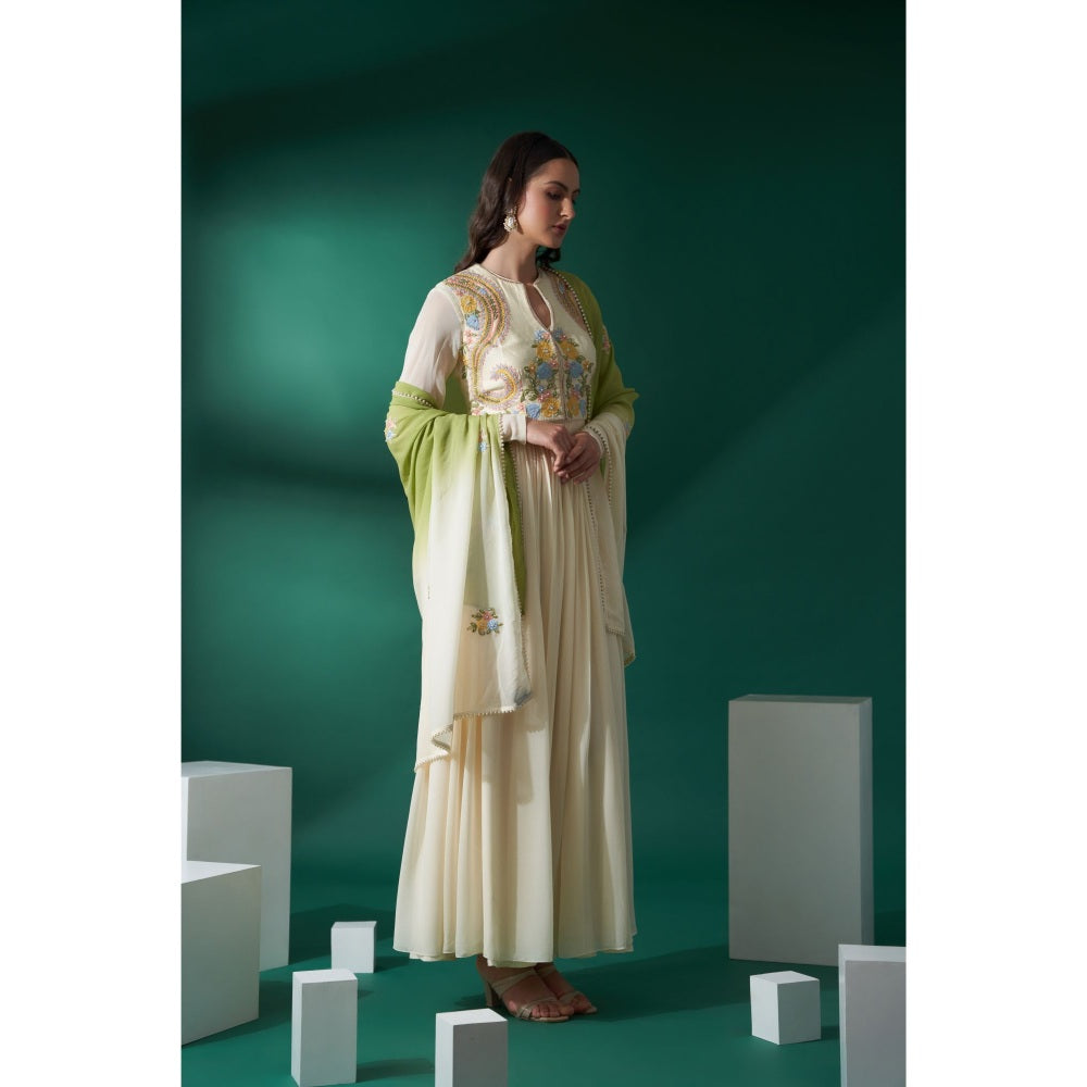 Suruchi Parakh Womens Green Embroidered Jacket with Anarkali Kurta and Dupatta (Set of 3)