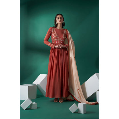 Suruchi Parakh Womens Rust Mirror Work Anarkali Kurta and Dupatta (Set of 2)