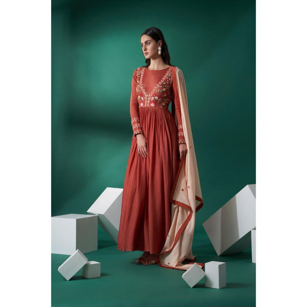 Suruchi Parakh Womens Rust Mirror Work Anarkali Kurta and Dupatta (Set of 2)