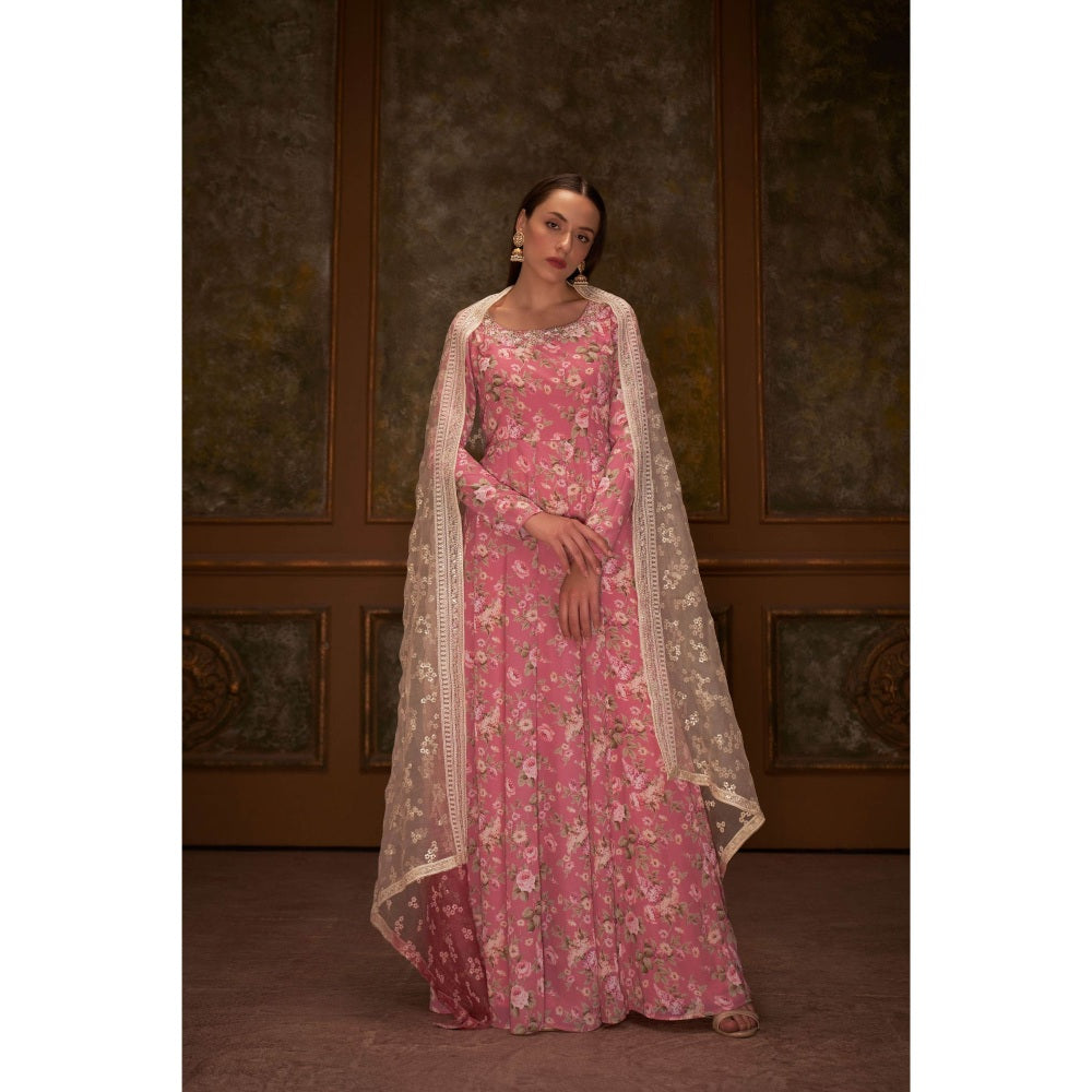 Suruchi Parakh Womens Pink Floral Print Anarkali Kurta and Dupatta (Set of 2)