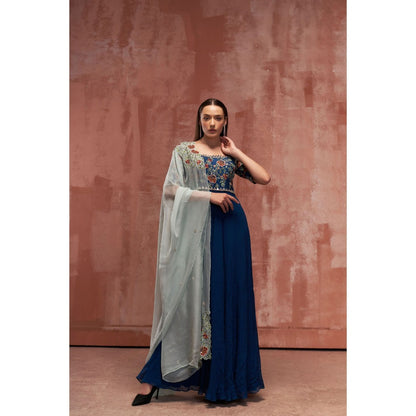 Suruchi Parakh Womens Teal Embroidered Anarkali Kurta and Dupatta (Set of 2)