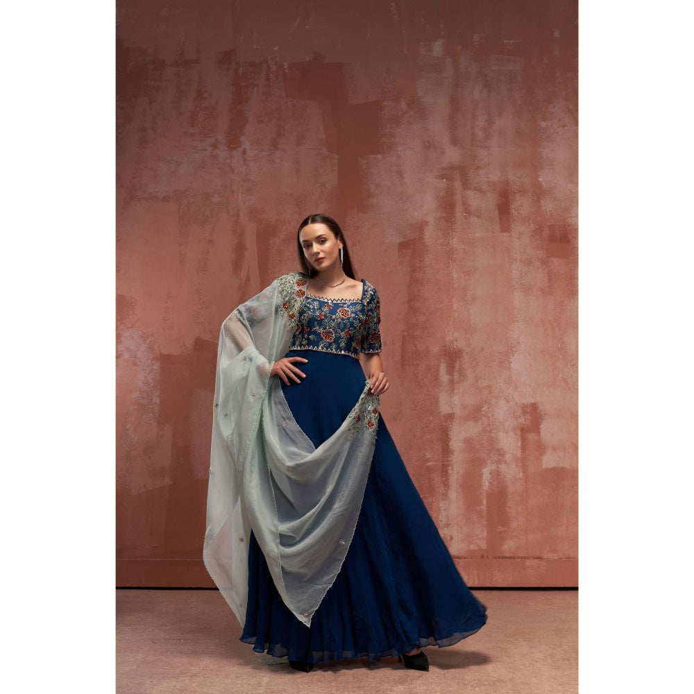 Suruchi Parakh Womens Teal Embroidered Anarkali Kurta and Dupatta (Set of 2)