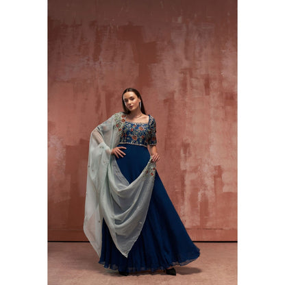 Suruchi Parakh Womens Teal Embroidered Anarkali Kurta and Dupatta (Set of 2)