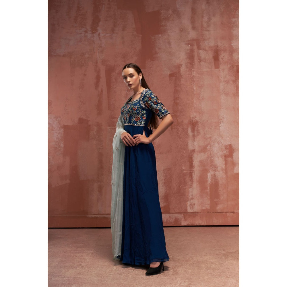 Suruchi Parakh Womens Teal Embroidered Anarkali Kurta and Dupatta (Set of 2)