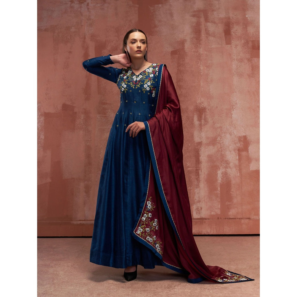 Suruchi Parakh Womens Blue Embellished Anarkali Kurta and Dupatta (Set of 2)