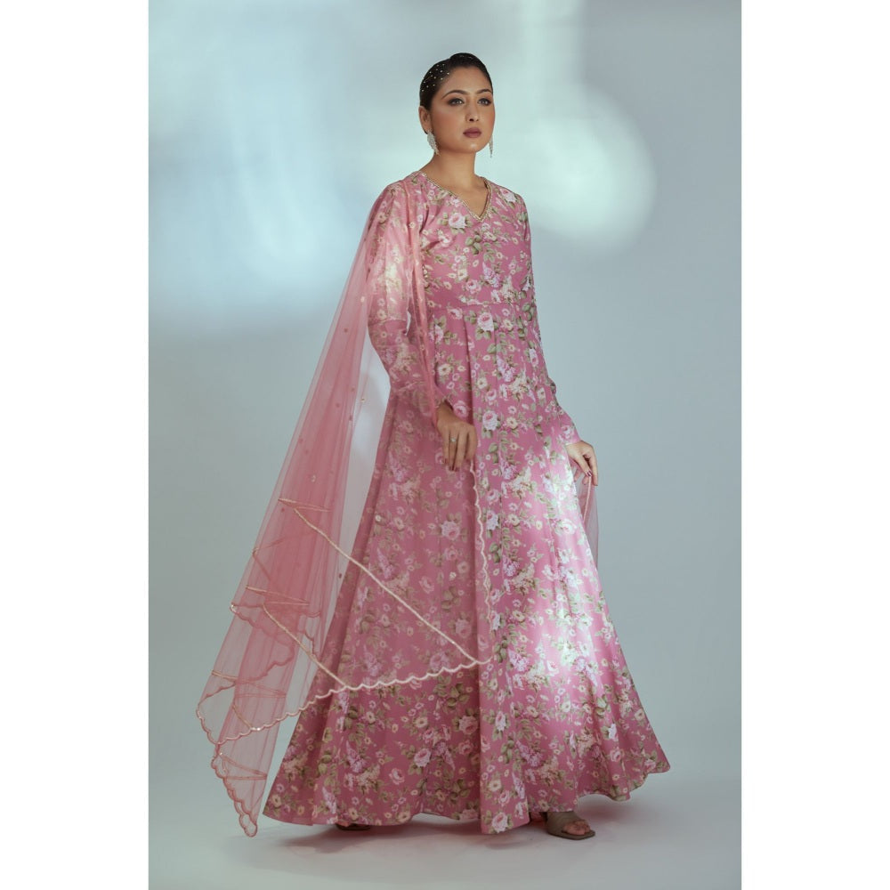 Suruchi Parakh Womens Pink Floral Print Anarkali Kurta and Dupatta (Set of 2)