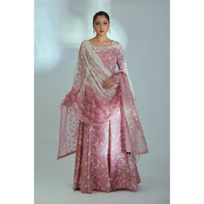 Suruchi Parakh Womens Pink Floral Print Round Neck Anarkali Kurta and Dupatta (Set of 2)