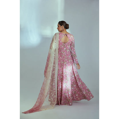 Suruchi Parakh Womens Pink Floral Print Round Neck Anarkali Kurta and Dupatta (Set of 2)