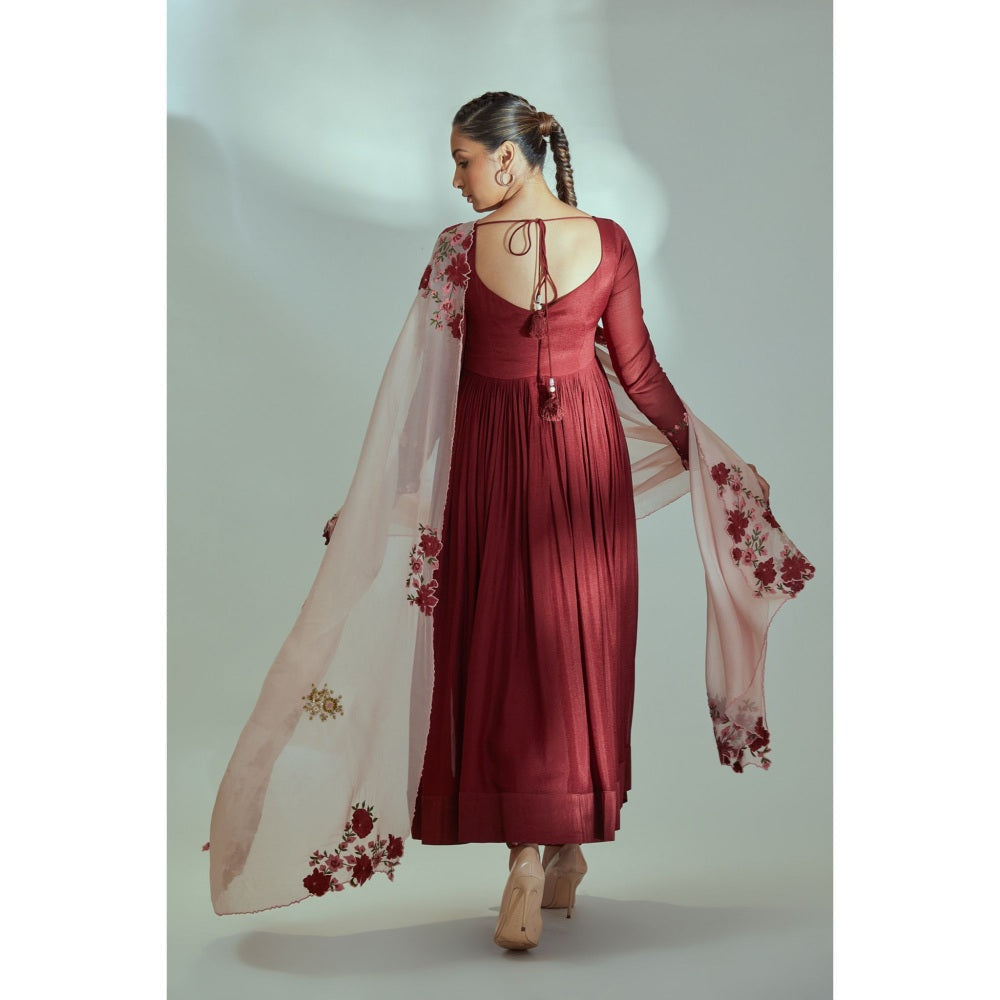 Suruchi Parakh Womens Maroon Solid Anarkali Kurta with Dupatta (Set of 2)