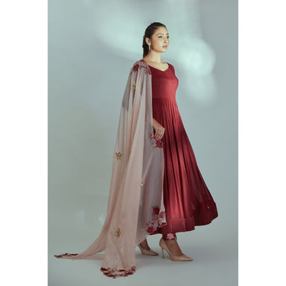 Suruchi Parakh Womens Maroon Solid Anarkali Kurta with Dupatta (Set of 2)