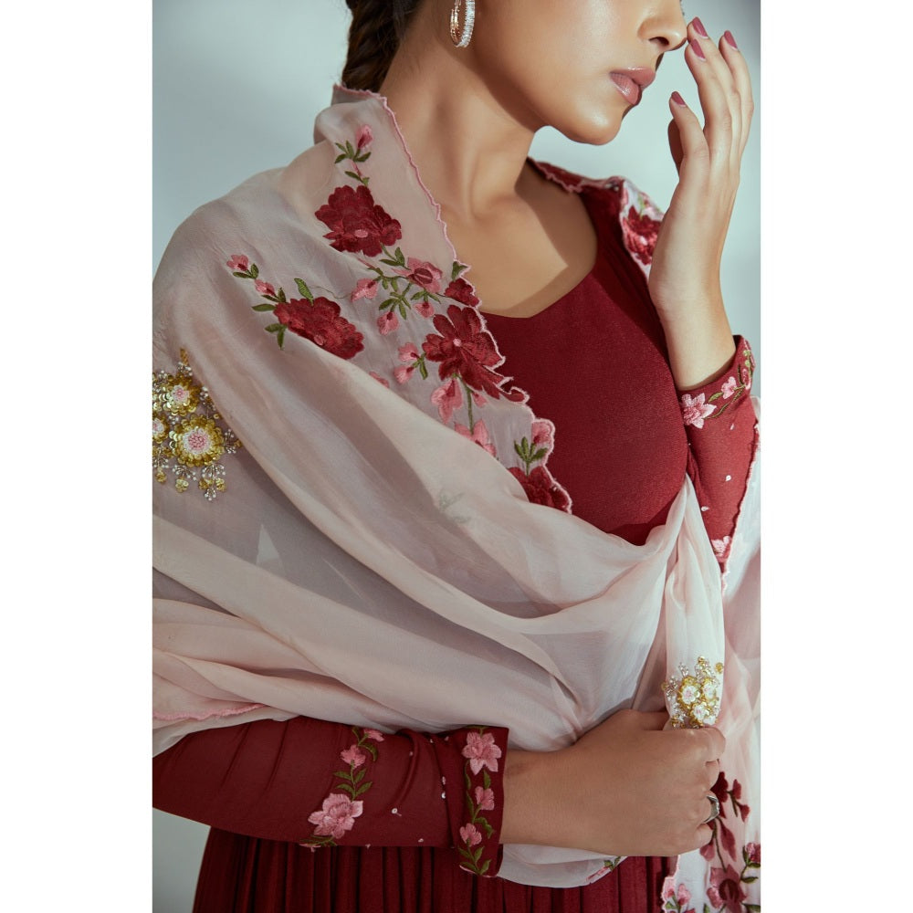 Suruchi Parakh Womens Maroon Solid Anarkali Kurta with Dupatta (Set of 2)